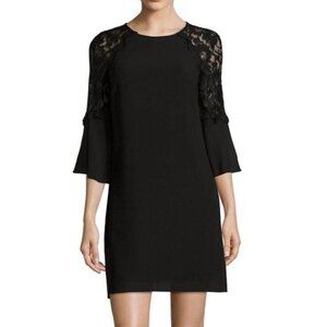 NEW! Leslie Fay Velvet Floral Lace Shift Dress Tiered Ruffle Sleeves Black SZ 12